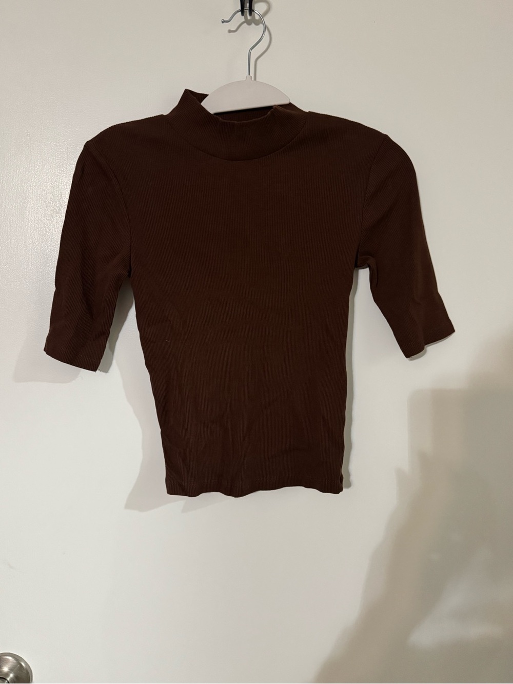Zara Dark Brown Ribbed Mock Neck Short Sleeve Top